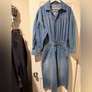 Free People Denim Button-Up Jean Onesie 🔥 Size M Waist 14